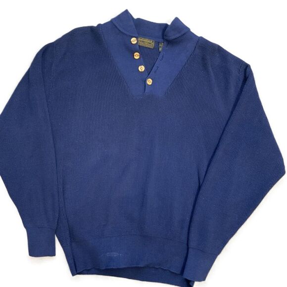 Eddie Bauer Navy Knit Button Henley Sweater Size Med Preppy Dark Academia Retro - Picture 1 of 11